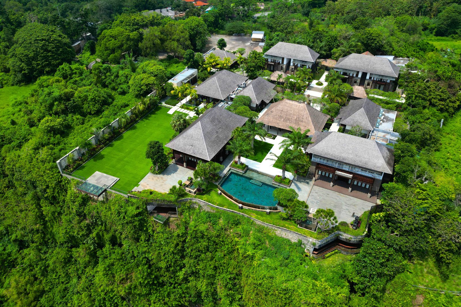 Aerial view of the villa estate above the coast